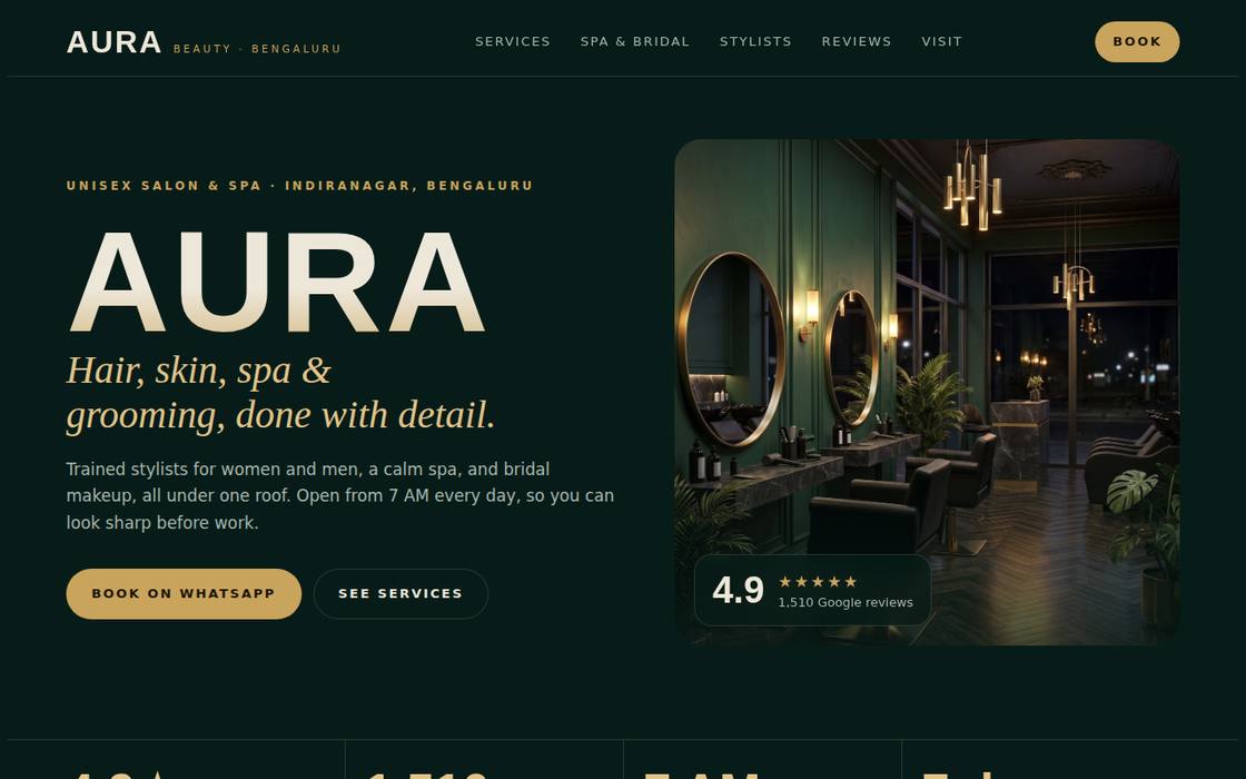 Aura Salon & Spa website on desktop