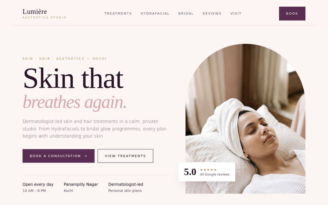 Lumière Aesthetics website on desktop